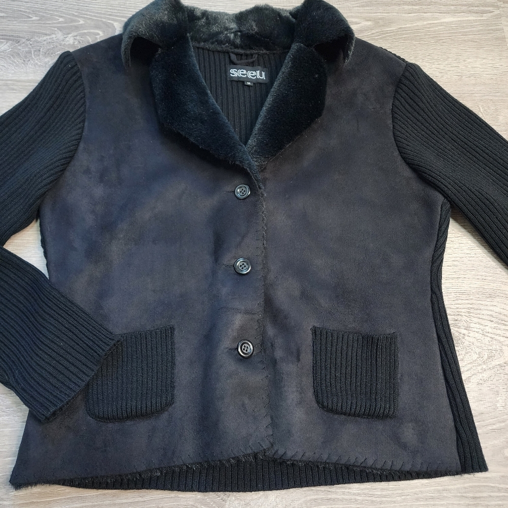 SEEU Black Ribbed Knit Faux Fur Button Down Sweater Jacket - Picture 16 of 16